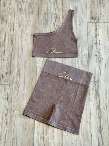 Taupe Acid Wash Ribbed One Shoulder Short Set