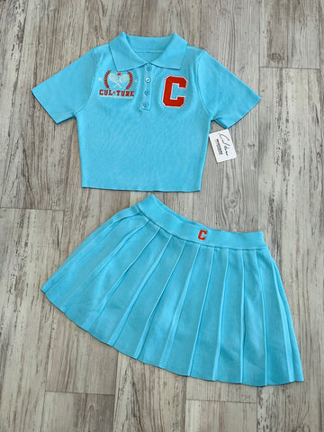 Aqua Blue/Orange “Tennis Club” Crop Polo & Skort