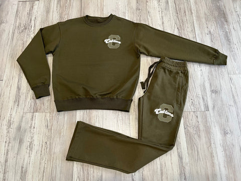 Olive Heavyweight Crewneck Flare Sweatsuit