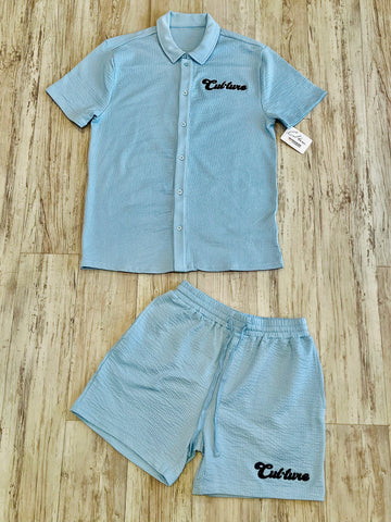 Baby Blue Pinstriped Knit Polo & Shorts
