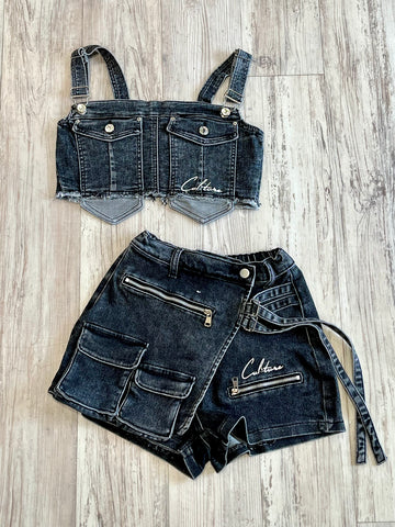 Black Acid Wash Denim Skort Set