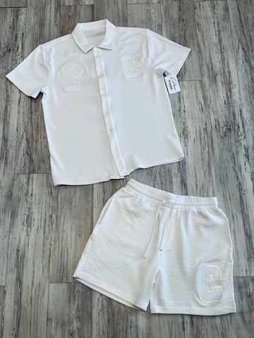 White Pinstriped Knit “Tennis Club” Polo & Shorts