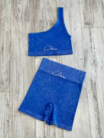 Royal Blue Acid Wash Ribbed One Shoulder Short Set