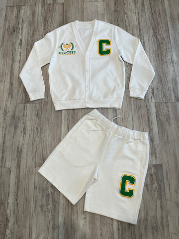 Off White/Pine Green “Tennis Club” Cardigan & Shorts