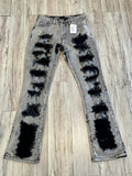 Grey/Black Bleached Distressed Flare Denim